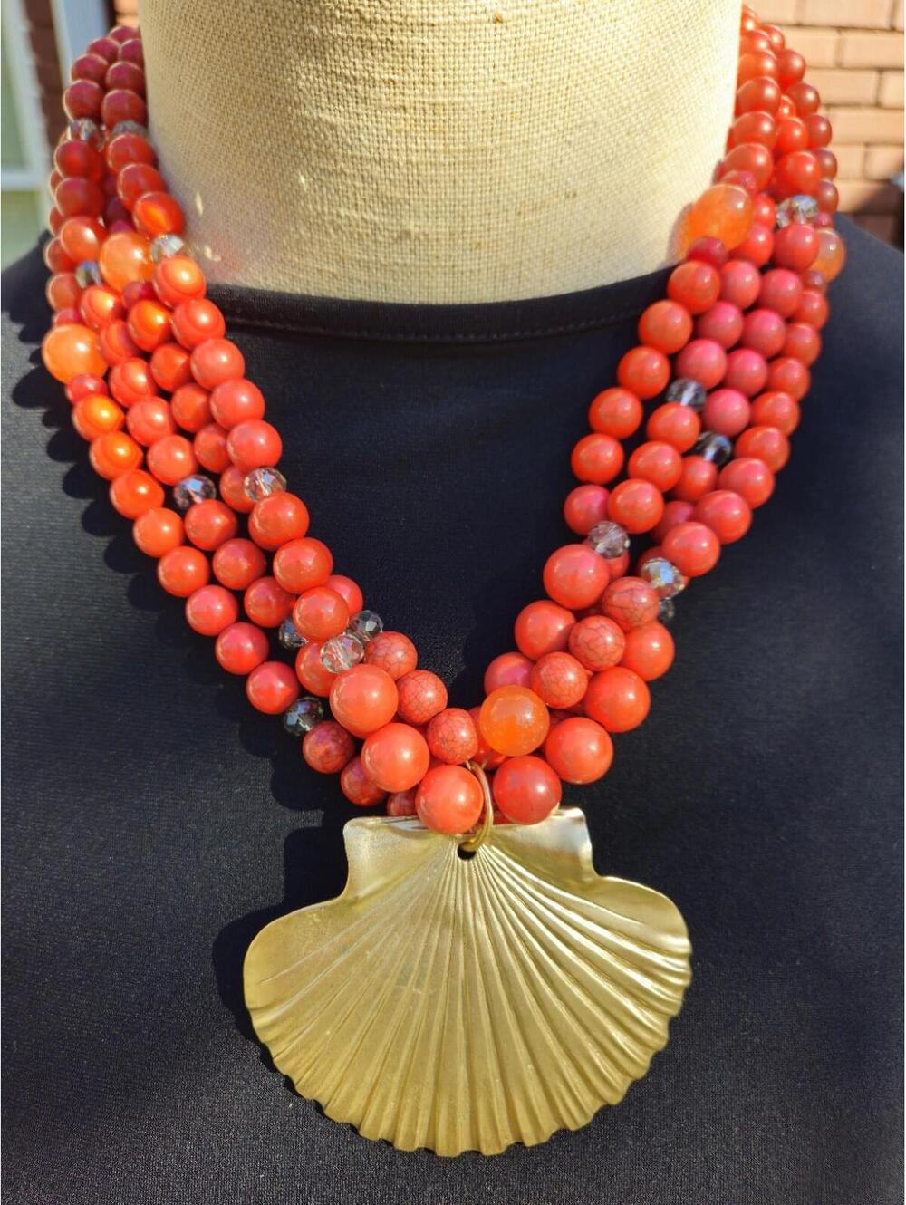 Chico’s Orange-Coral Bead Multi-Strand Large Gold Sea Shell Statement Necklace